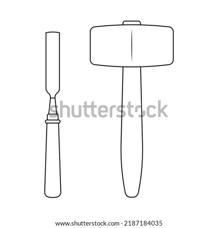 Mallet and Chisel Outline Icon Illustration on White Background