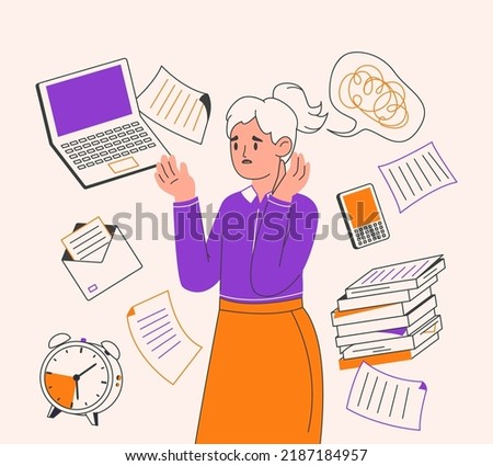 Stressed anxiety person, deadline office business character. Chaotic office workflow, deadline and tasks overloaded human flat outline vector illustration. Work deadline scene Royalty-Free Stock Photo #2187184957