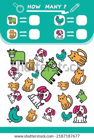 Counting child game with cartoon items. Collection of learning children. Calculate how many and write down the result. Preschool workbook.