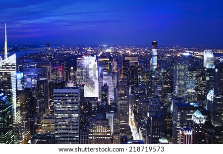 Aerial view of the New York City skyline at sunset