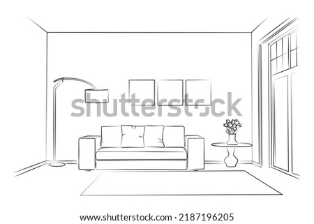 Living room graphic black white home interior sketch illustration vector Royalty-Free Stock Photo #2187196205