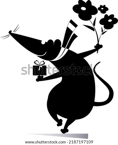 Cartoon rat or mouse holds a present box and flowers. Funny rat or mouse with a gift and flowers celebrating birthday or important event. Black on white