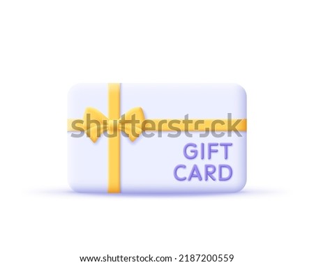 3d gift card with ribbon icon. Render gift certificate for promotion strategy, gift voucher and discount coupon concept. 3d plastic card vector cartoon minimal illustration