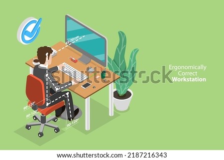 3D Isometric Flat Vector Conceptual Illustration of Ergonomically Correct Workstation, Right Spine Seat Position Royalty-Free Stock Photo #2187216343