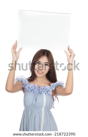 Beautiful Asian woman hold blank sign over head  isolated on white background