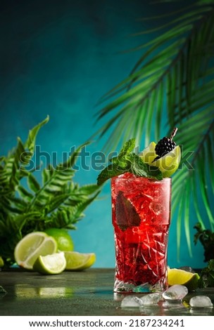 Red alcoholic cocktail with bitter, whiskey, soda, lime, mint and ice. Dark tropical background, copy space