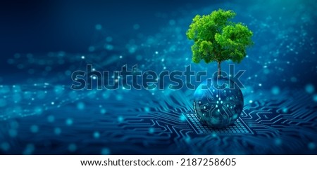 Tree growing on Circuit digital ball. Digital and Technology Convergence. Blue light and Wireframe network background. Green Computing, Green Technology, Green IT, csr, and IT ethics Concept. Royalty-Free Stock Photo #2187258605