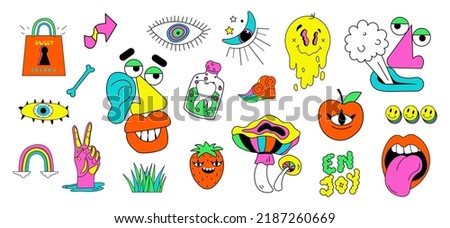 Cartoon psychedelic hippy stickers vector set. Hallucination elements,  mushrooms, eyes, face, heart, lips emoji, bones, smoking mouth and victory hand. Crazy psychedelic and hallucination elements.