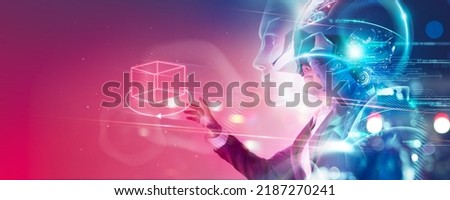 Metaverse technology, Robot and human connected on network metaverse, Technological transition between human and robots, Virtual reality, Visualization simulation, AR, VR, of futuristic for business.