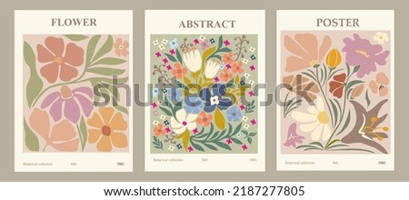 Set of abstract flower posters. Trendy botanical wall arts with floral design in danish pastel colors. Modern naive groovy funky interior decorations, paintings. Vector art illustration. Royalty-Free Stock Photo #2187277805