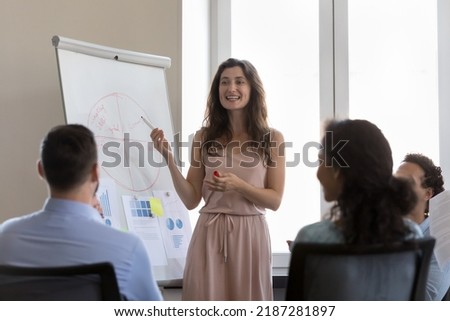 Business training event, presentation for staff or clients concept. Multi ethnic seminar participants listen to attractive confident smiling trainer make speech, give information shown on flip chart Royalty-Free Stock Photo #2187281897