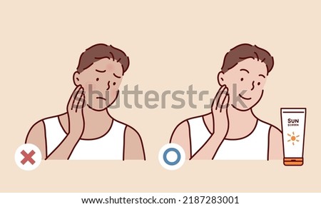 man using sunscreen and woman getting sunburned. before after image. Hand drawn style vector design illustrations. Royalty-Free Stock Photo #2187283001