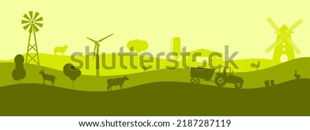 Overlayed icons of trees, windmill, tractor and farm animals. Ecologically clean area. Village in the summer. Illustration or background for eco products, banner. Royalty-Free Stock Photo #2187287119