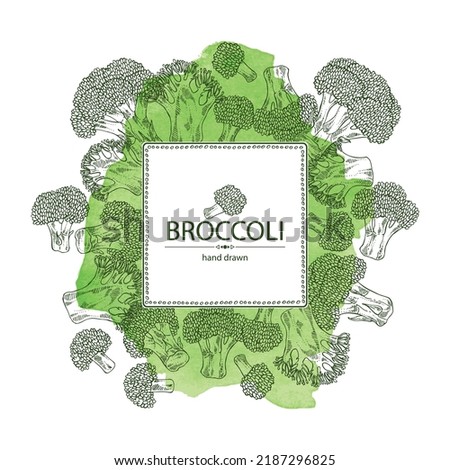 Watercolor background with broccoli: full broccoli, piece and broccoli inflorescence. Vector hand drawn illustration. Royalty-Free Stock Photo #2187296825