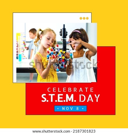 Composition of celebrate s. T. E. M. Day text with diverse children on yellow background. S. T. E. M. Day and celebration concept digitally generated image.