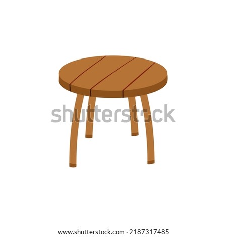 Wooden stool. Chair with three legs. Simple old homemade furniture. Flat cartoon illustration