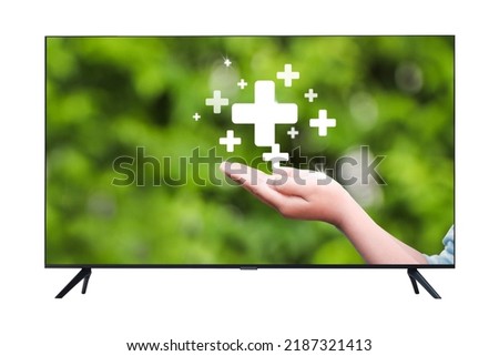 TV 4K flat screen lcd or oled, plasma realistic, White blank HD monitor mockup, Modern video panel white flatscreen on isolated white background. with picture nature landscape.