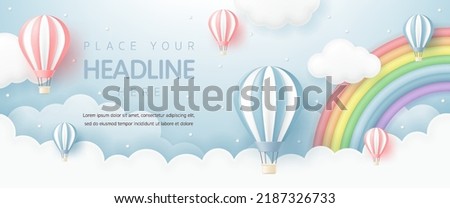 3D vector with hot air balloons and a rainbow in the blue sky background for kid banner, baby shower, birthday greeting card, children's day, Valentine's Day, social media, wallpaper, website, sale Royalty-Free Stock Photo #2187326733