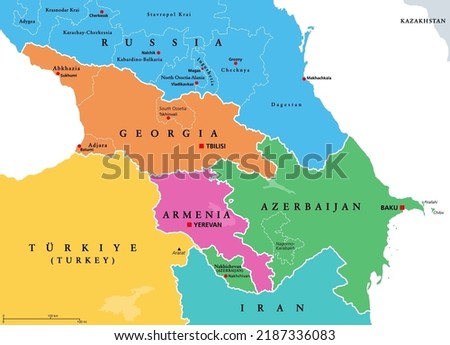 The Caucasus, Caucasia, colored political map. Region between the Black Sea and the Caspian Sea, mainly occupied by Armenia, Azerbaijan, Georgia, and parts of Southern Russia. Map with disputed areas. Royalty-Free Stock Photo #2187336083