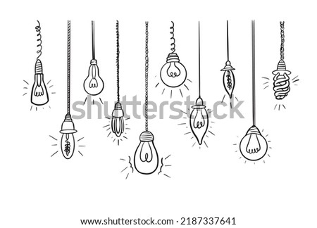 Light bulbs set. Lamp in doodle style, hand drawn. Business idea concept, electric lamp, energy. Light bulb with curved lines. Vector illustration.