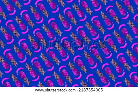 Seamless pineapple and banana pattern illustration, blue background - stock illustration