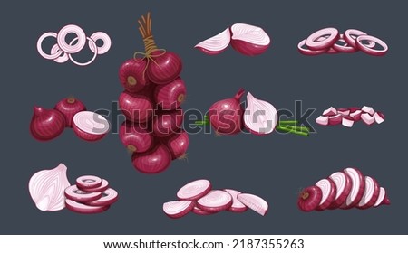 Red onion set vector illustration. Hanging bunch of purple raw shallot heads in peel. Cartoon isolated whole onion with leaf, cut in half, circle slices, sections and chopped pieces for cooking Royalty-Free Stock Photo #2187355263