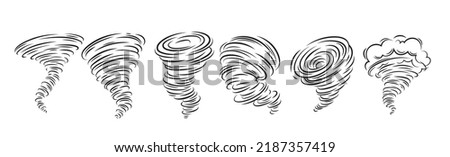 Tornado line icons set vector illustration. Spiral whirlwind and hurricane with speed whirls and funnels, danger wind symbols of storm weather and extreme tornado disaster in nature, speed cyclone Royalty-Free Stock Photo #2187357419