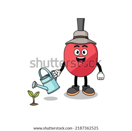 Illustration of table tennis racket cartoon watering the plant , character design
