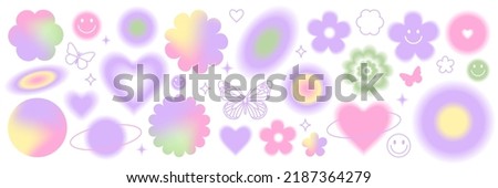 Y2k blurred gragient set. Butterfly, heart, daisy, flower, abstract geometric shape in trendy 90s, 00s psychedelic style. Holographic vector illustrations, elements and signs. Royalty-Free Stock Photo #2187364279