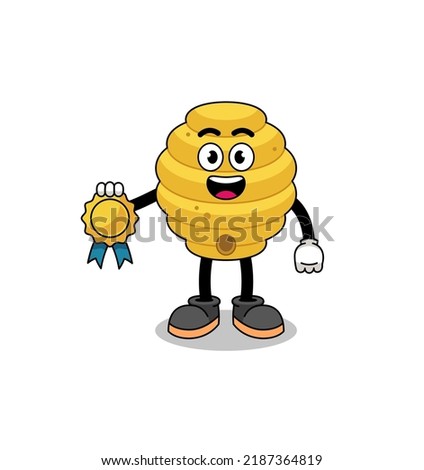 bee hive cartoon illustration with satisfaction guaranteed medal , character design
