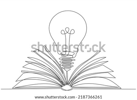 One single line drawing of shining light bulb above open text book logo identity. continuous line draw design graphic vector illustration