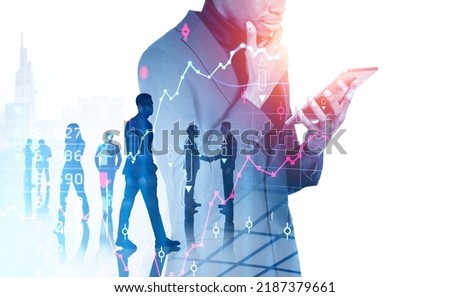 Black businessman with tablet in hands, pensive look. Business people working together, double exposure with forex diagrams, candlesticks and skyscrapers. Concept of conference
