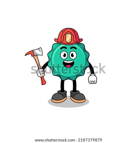 Cartoon mascot of bottle cap firefighter , character design