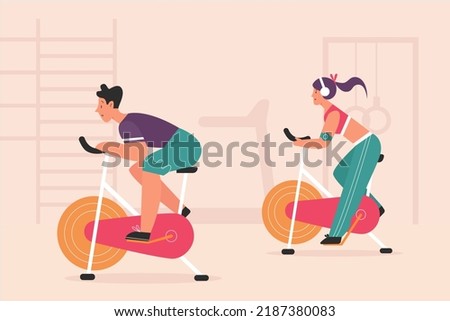 People doing exercises on static stationary bikes in gym of sport club vector illustration. Cartoon male and female characters cycling, training on equipment background. Healthy activity concept