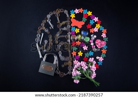 right and left hemisphere of the brain. Analytical and creative thinking difference. A brain silhouette with a pattern of confusion and a sticker with a pattern of gears, lock and flowers