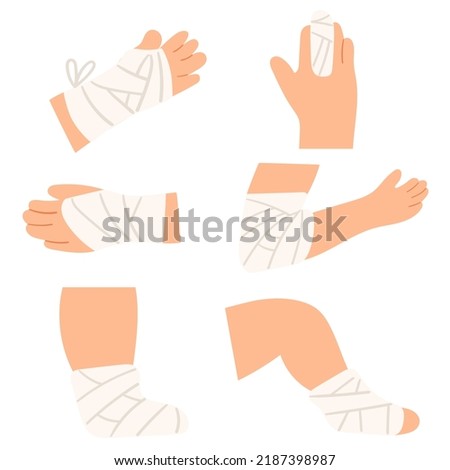 Set of flat icons. Bandage on hands, legs, arms. Illustrations on white background.