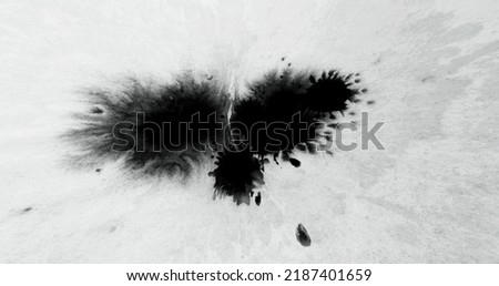 Black ink splash on white paper. Writing concept. Wet dye blot. Liquid paint drop splatter on white grain texture abstract background with defocused motion blur. Royalty-Free Stock Photo #2187401659