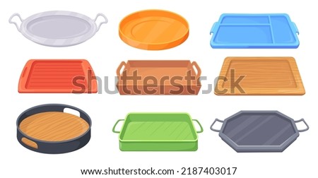 Empty meal trays. Cartoon tray food dish cafeteria service, wood plastic metal kitchen circle square plate canteen breakfast or restaurant platter isolated vector illustration of tray empty for food Royalty-Free Stock Photo #2187403017