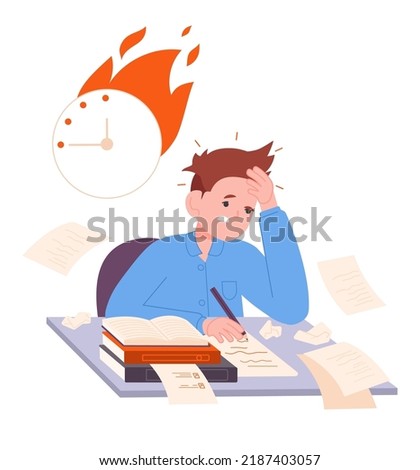 Hard exam preparation. Scared student prepare school test college assignment, stress exams hurry studying worried schoolboy, night knowledge education, vector illustration of preparing by student Royalty-Free Stock Photo #2187403057