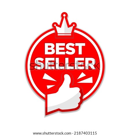 Best Seller.  Red advertising round sticker  with thumb up and crown. Vector on transparent background Royalty-Free Stock Photo #2187403115