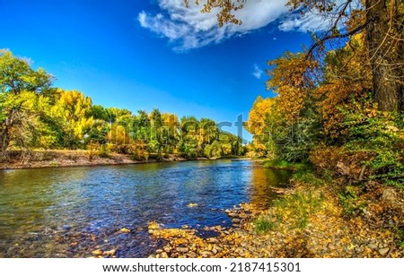 Autumnal forest riverbank landscape. Forest riverside in autumnal landscape Royalty-Free Stock Photo #2187415301