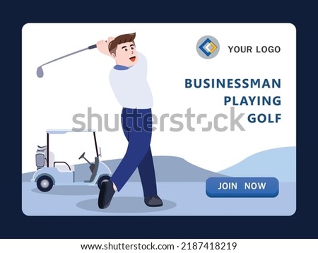 Businessman hitting golf in golf club, driving golf, golfer man cartoon character vector illustration.
