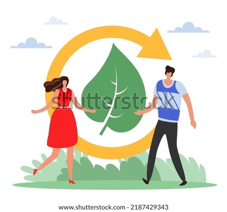 Preservation sustainable green forest environment. Circulation of resources, waste recycling, man and woman with leaf and recycle sign, eco friendly people vector cartoon flat concept