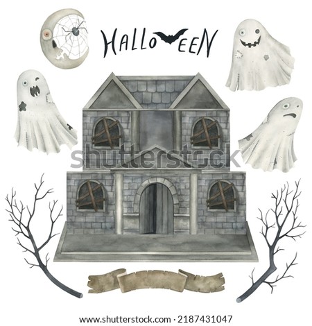 Halloween house, ghost, moon, tree collection. Watercolor isolated illustration on white background