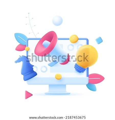 Megaphone, knight chess piece, lightbulb on computer screen. Concept of idea for promotional strategy, strategic advertising campaign. Modern vector illustration in pseudo 3d style for banner, poster. Royalty-Free Stock Photo #2187453675