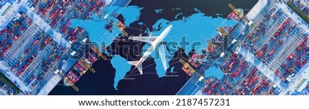 Cargo plane flying above ship port coverage world map import-export, Network logistics partnership connection busiest container ports. Container ships loading and unloading background. Royalty-Free Stock Photo #2187457231