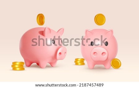 Set of piggy bank and gold coins. Design concept of safe accumulation of capital or financial investment. Vector realistic. Gold coin fly around the piggy bank. Stability, security of money storage. Royalty-Free Stock Photo #2187457489