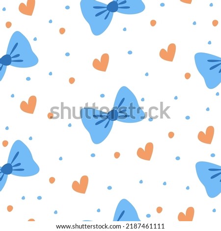 Vector cute seamless pattern with blue bows, hearts and dots. Cartoon wallpaper for nursery, wrapping paper, notebooks