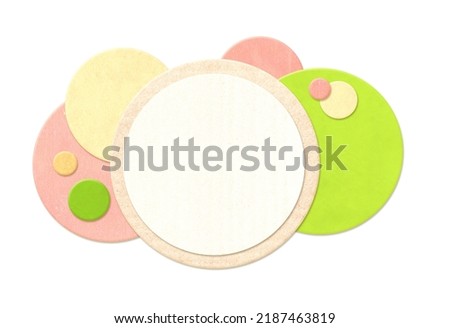 Round paper labels with cardboard texture of retro colors. Horizontal banner with eco paper cut overlapping circles. Recycled carton material label. Copy space for text. Mock up template Royalty-Free Stock Photo #2187463819