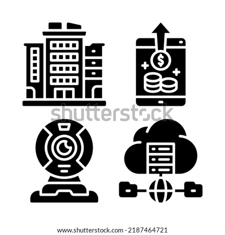 WFH icons set = building, smartphone, webcam, cloud. Perfect for website mobile app, app icons, presentation, illustration and any other projects